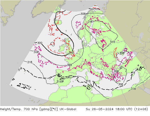 Height/Temp. 700 hPa UK-Global Su 26.05.2024 18 UTC