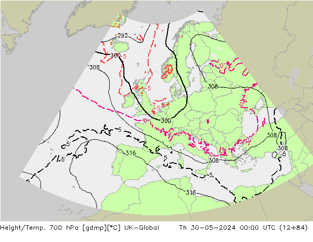 Height/Temp. 700 hPa UK-Global czw. 30.05.2024 00 UTC