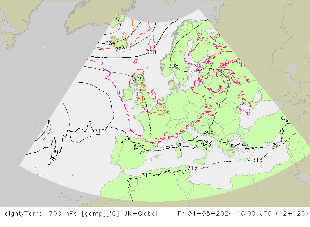 Height/Temp. 700 hPa UK-Global Fr 31.05.2024 18 UTC