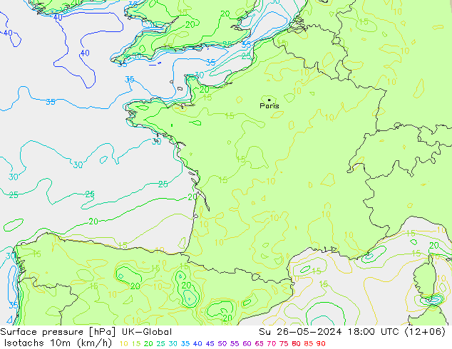 Isotachen (km/h) UK-Global So 26.05.2024 18 UTC