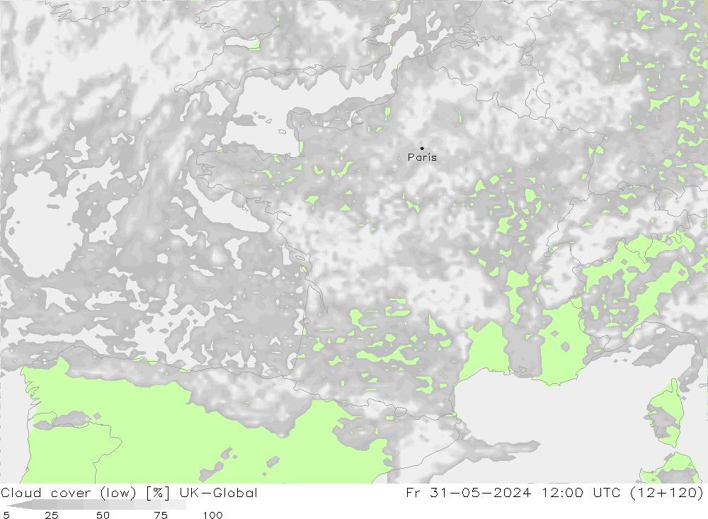 Bewolking (Laag) UK-Global vr 31.05.2024 12 UTC