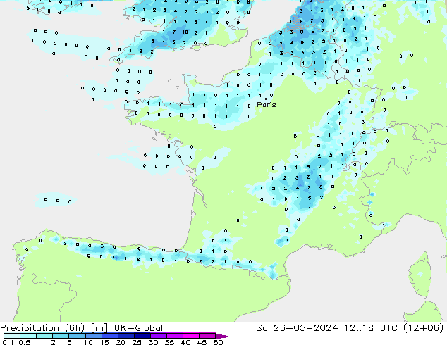 Precipitation (6h) UK-Global Su 26.05.2024 18 UTC