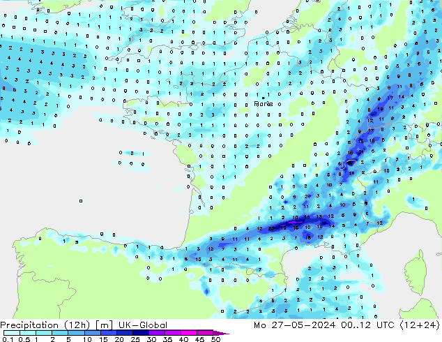 Précipitation (12h) UK-Global lun 27.05.2024 12 UTC