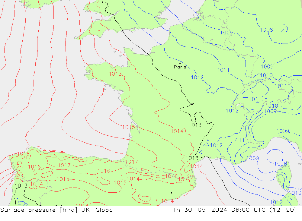 Atmosférický tlak UK-Global Čt 30.05.2024 06 UTC