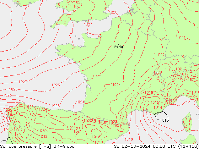 Pressione al suolo UK-Global dom 02.06.2024 00 UTC