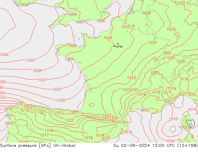 Surface pressure UK-Global Su 02.06.2024 12 UTC