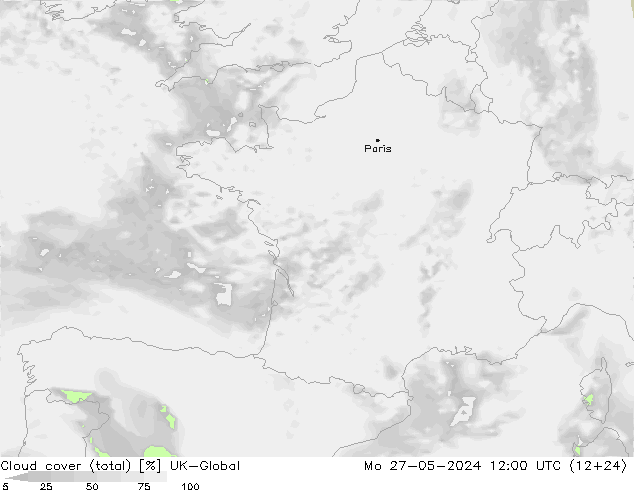 Cloud cover (total) UK-Global Mo 27.05.2024 12 UTC