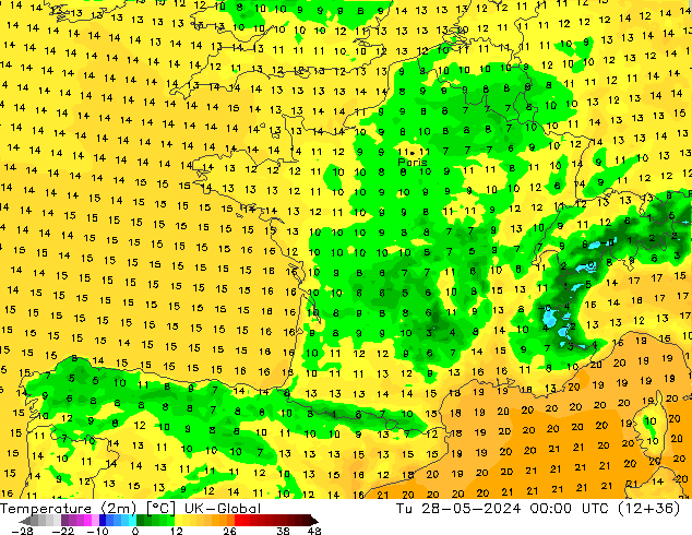Sıcaklık Haritası (2m) UK-Global Sa 28.05.2024 00 UTC