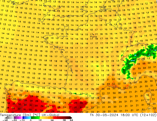 Temperaturkarte (2m) UK-Global Do 30.05.2024 18 UTC