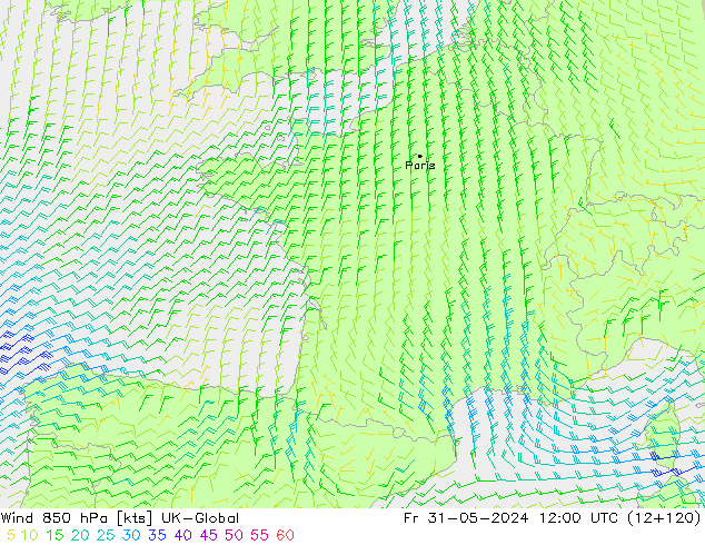 Wind 850 hPa UK-Global Fr 31.05.2024 12 UTC