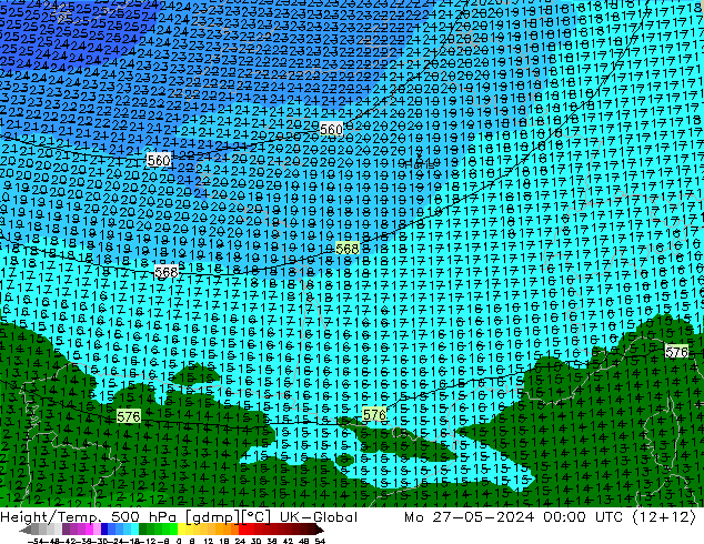 Height/Temp. 500 hPa UK-Global lun 27.05.2024 00 UTC