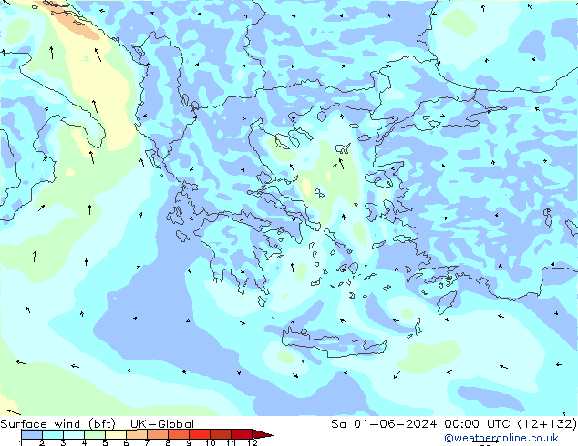 Vento 10 m (bft) UK-Global Sáb 01.06.2024 00 UTC
