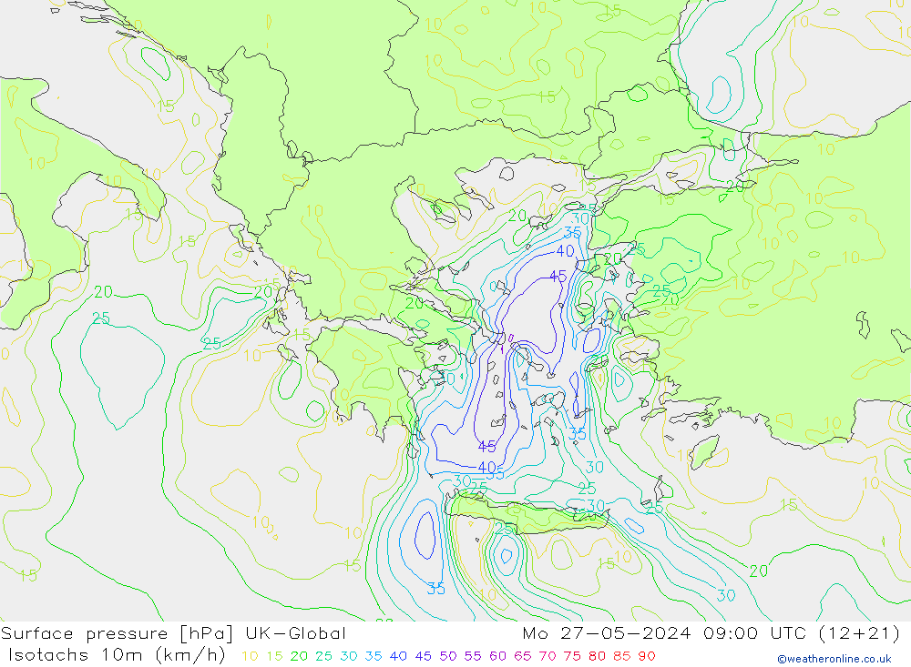 Isotachen (km/h) UK-Global Mo 27.05.2024 09 UTC