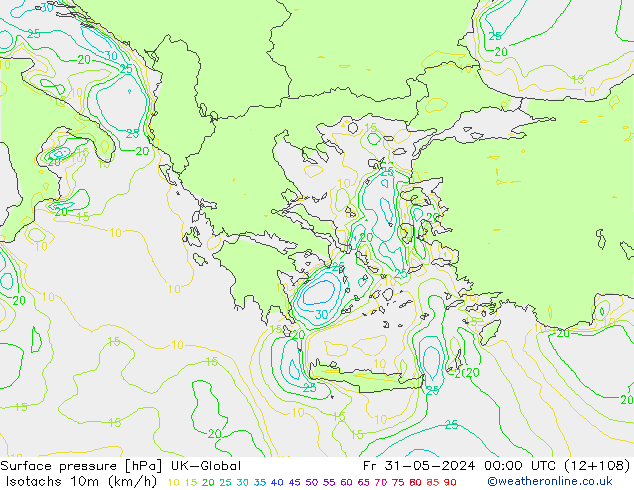 Izotacha (km/godz) UK-Global pt. 31.05.2024 00 UTC