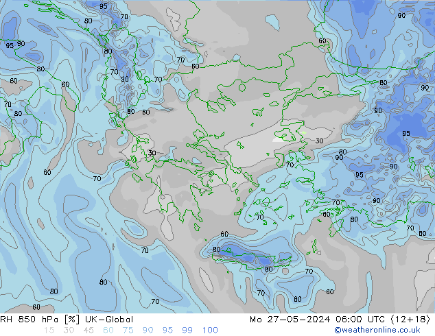Humedad rel. 850hPa UK-Global lun 27.05.2024 06 UTC