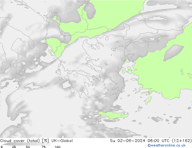 Bewolking (Totaal) UK-Global zo 02.06.2024 06 UTC