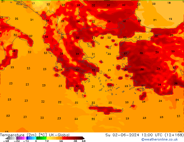 Temperature (2m) UK-Global Su 02.06.2024 12 UTC