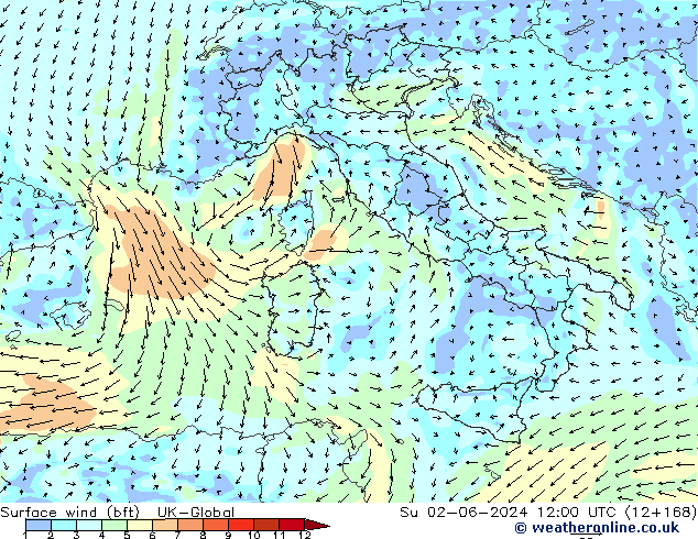 Surface wind (bft) UK-Global Su 02.06.2024 12 UTC