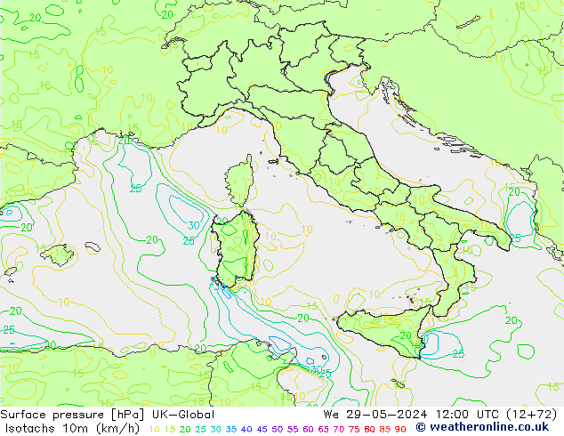 Isotachs (kph) UK-Global  29.05.2024 12 UTC