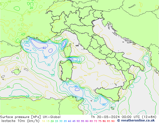 Izotacha (km/godz) UK-Global czw. 30.05.2024 00 UTC