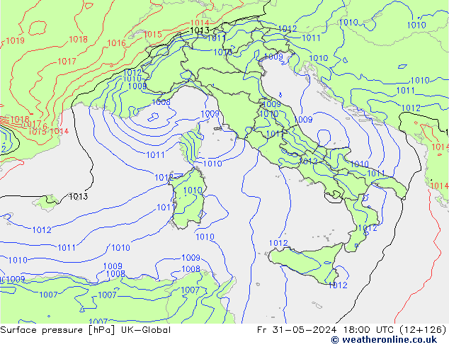 Pressione al suolo UK-Global ven 31.05.2024 18 UTC