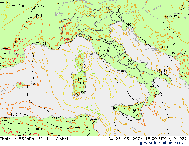 Theta-e 850hPa UK-Global dom 26.05.2024 15 UTC