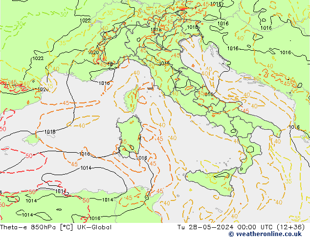 Theta-e 850hPa UK-Global Tu 28.05.2024 00 UTC