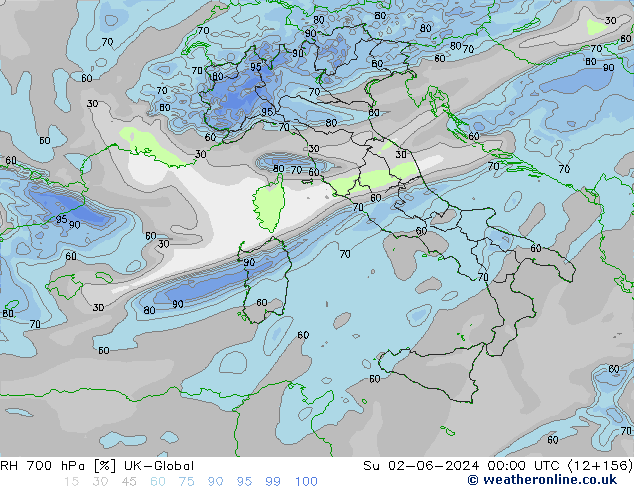 RH 700 hPa UK-Global Su 02.06.2024 00 UTC