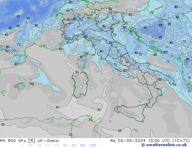 RH 850 hPa UK-Global St 29.05.2024 12 UTC