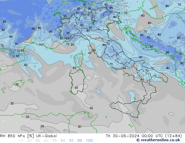 Humedad rel. 850hPa UK-Global jue 30.05.2024 00 UTC