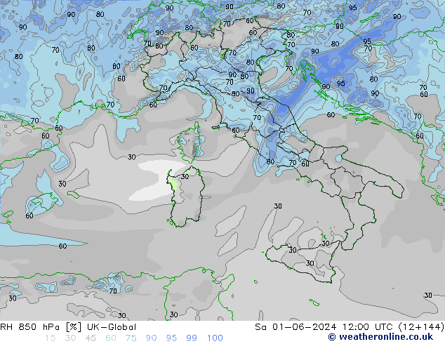 RH 850 hPa UK-Global sab 01.06.2024 12 UTC