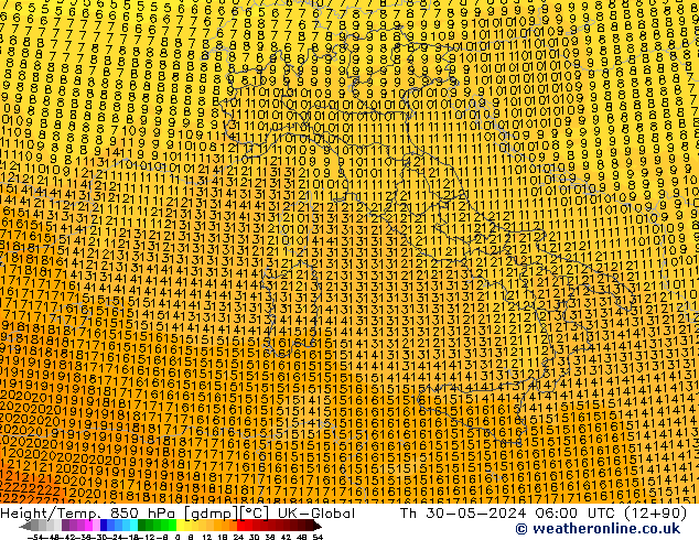 Height/Temp. 850 hPa UK-Global czw. 30.05.2024 06 UTC