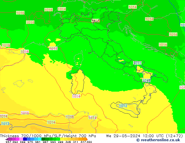 Thck 700-1000 гПа UK-Global ср 29.05.2024 12 UTC