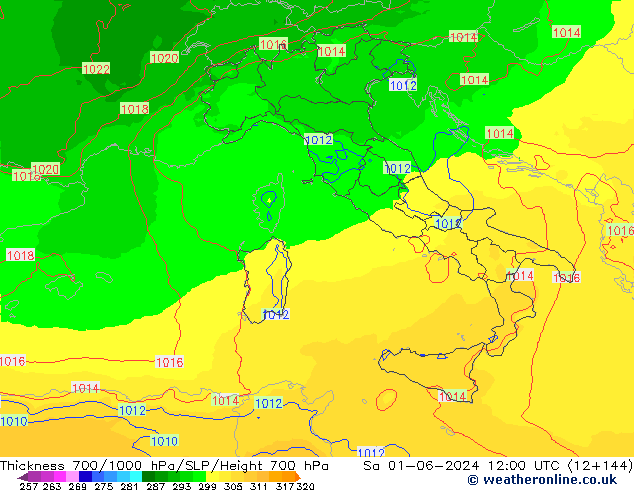 Thck 700-1000 hPa UK-Global sab 01.06.2024 12 UTC