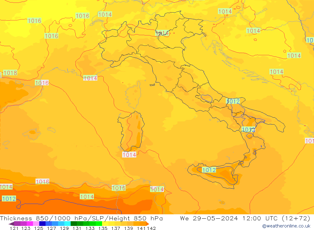 Thck 850-1000 hPa UK-Global We 29.05.2024 12 UTC