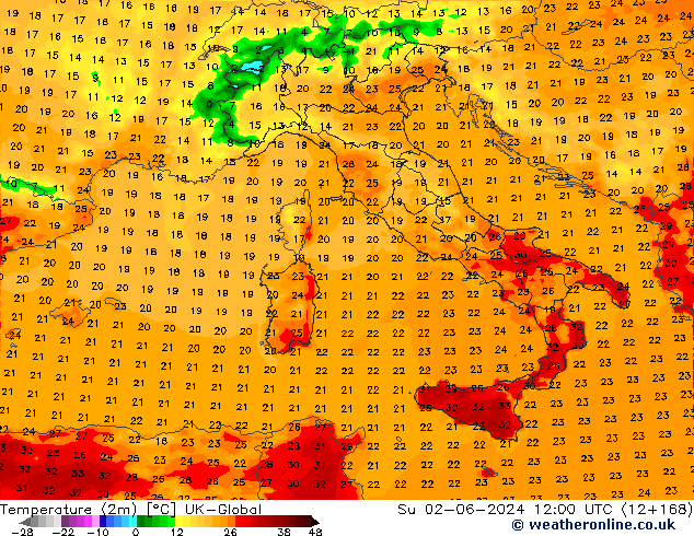 Sıcaklık Haritası (2m) UK-Global Paz 02.06.2024 12 UTC