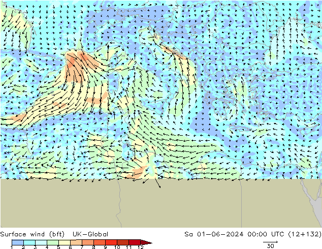 wiatr 10 m (bft) UK-Global so. 01.06.2024 00 UTC