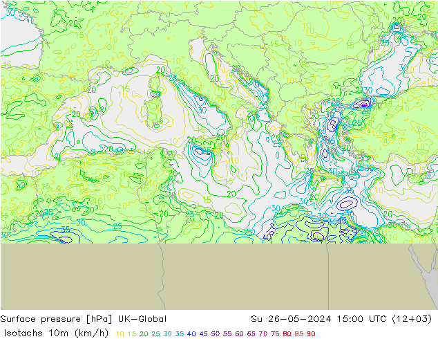 Isotachen (km/h) UK-Global zo 26.05.2024 15 UTC