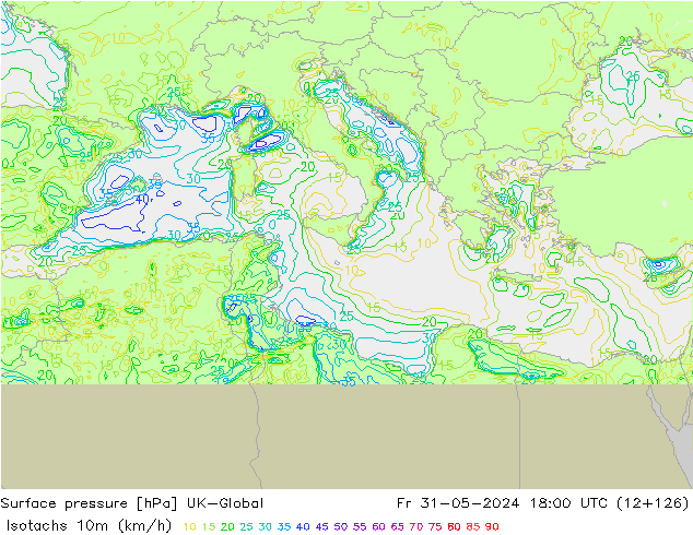 Isotachs (kph) UK-Global ven 31.05.2024 18 UTC