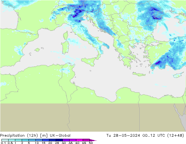 Precipitation (12h) UK-Global Út 28.05.2024 12 UTC