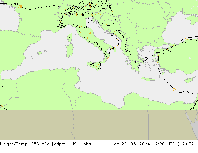 Height/Temp. 950 hPa UK-Global  29.05.2024 12 UTC