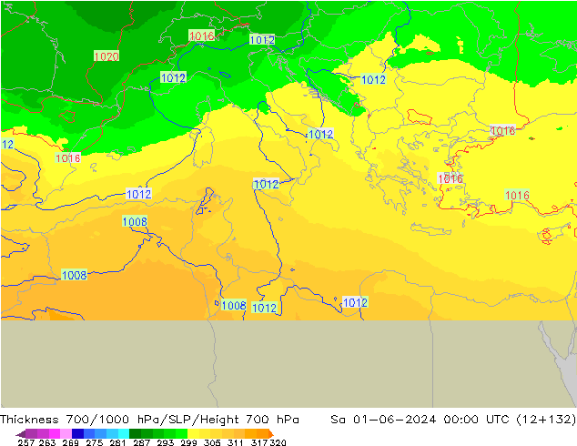 Thck 700-1000 hPa UK-Global so. 01.06.2024 00 UTC