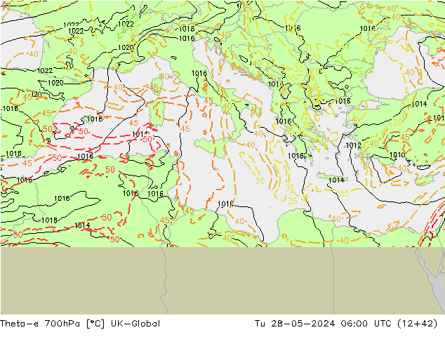 Theta-e 700hPa UK-Global Tu 28.05.2024 06 UTC