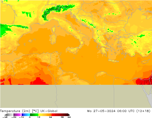 Temperatura (2m) UK-Global Seg 27.05.2024 06 UTC