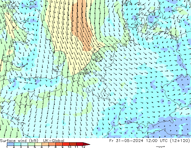 Bodenwind (bft) UK-Global Fr 31.05.2024 12 UTC