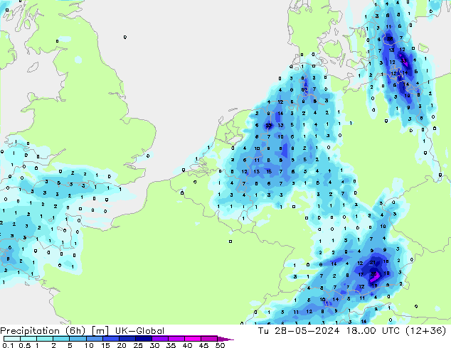 Totale neerslag (6h) UK-Global di 28.05.2024 00 UTC