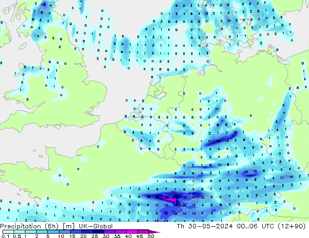 Precipitation (6h) UK-Global Th 30.05.2024 06 UTC