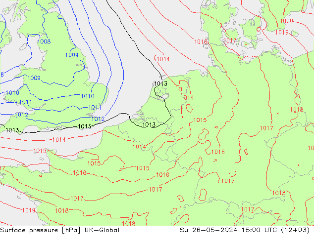 Pressione al suolo UK-Global dom 26.05.2024 15 UTC