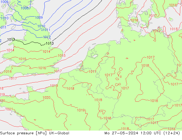 Surface pressure UK-Global Mo 27.05.2024 12 UTC