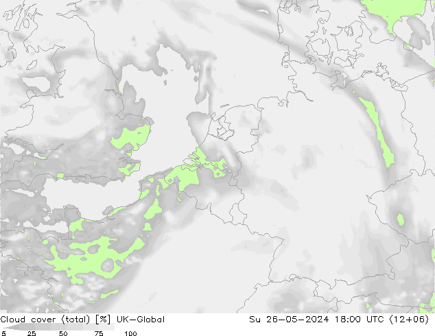 Cloud cover (total) UK-Global Su 26.05.2024 18 UTC